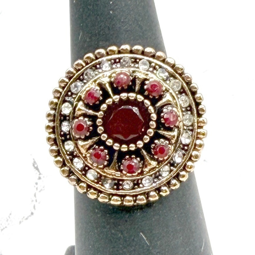 Vintage Ornate Gold Tone Red‎ Clear Glass Stone Statement Ring Size 6.25 & 7.5